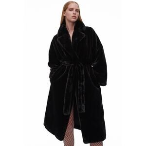 NWT Zara Black Faux Fur Plush Belted Coat.